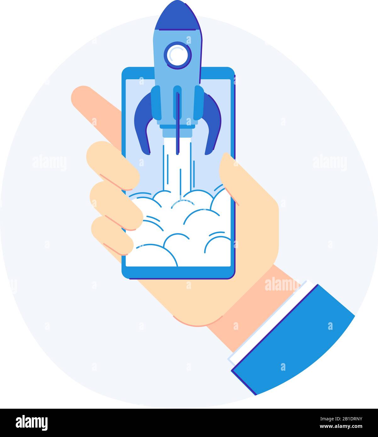 Phone startup concept. Cellphone rocketship for new product development release. Flat vector illustration Stock Vector