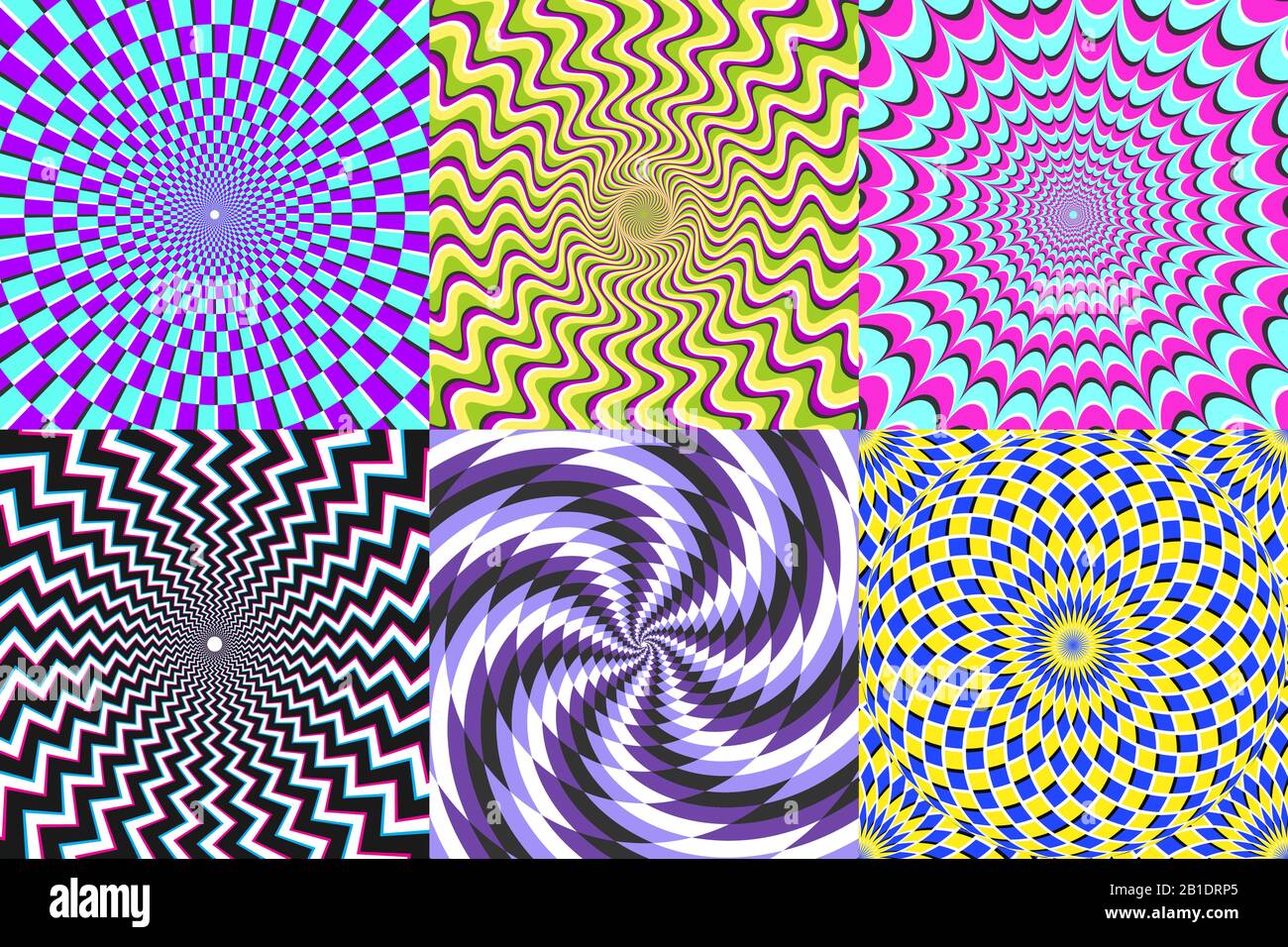 Psychedelic spiral. Optical illusion, delusion spirals and colorful abstraction hypnosis spiral vector illustration set Stock Vector