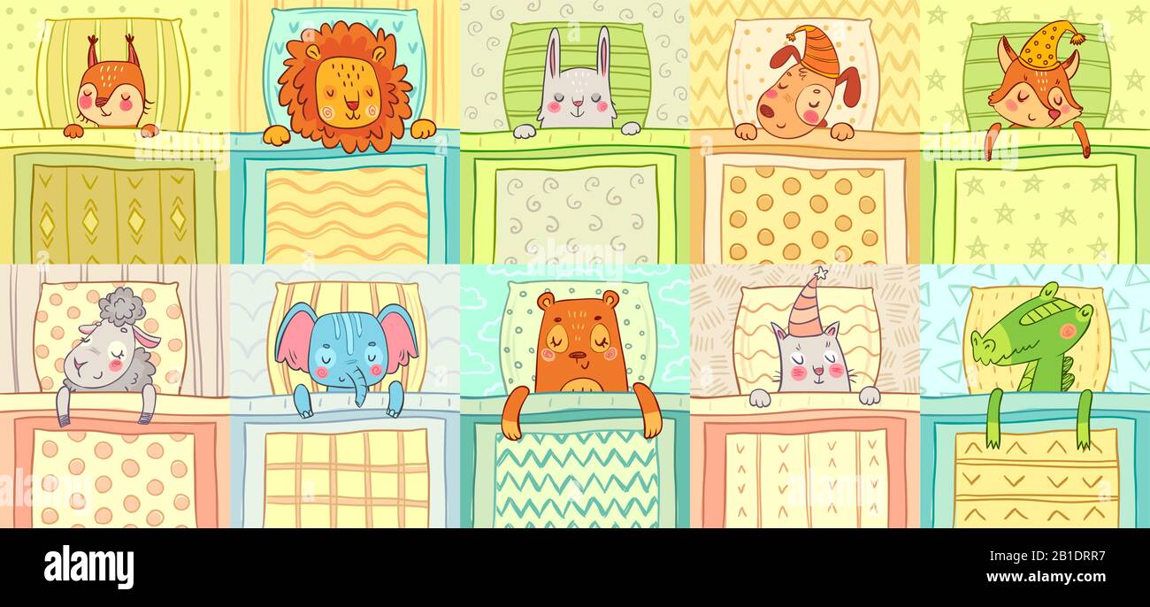Sleeping animals. Cute animal night sleep in bed, funny dog on pillow and cat in nightcap cartoon vector illustration set Stock Vector