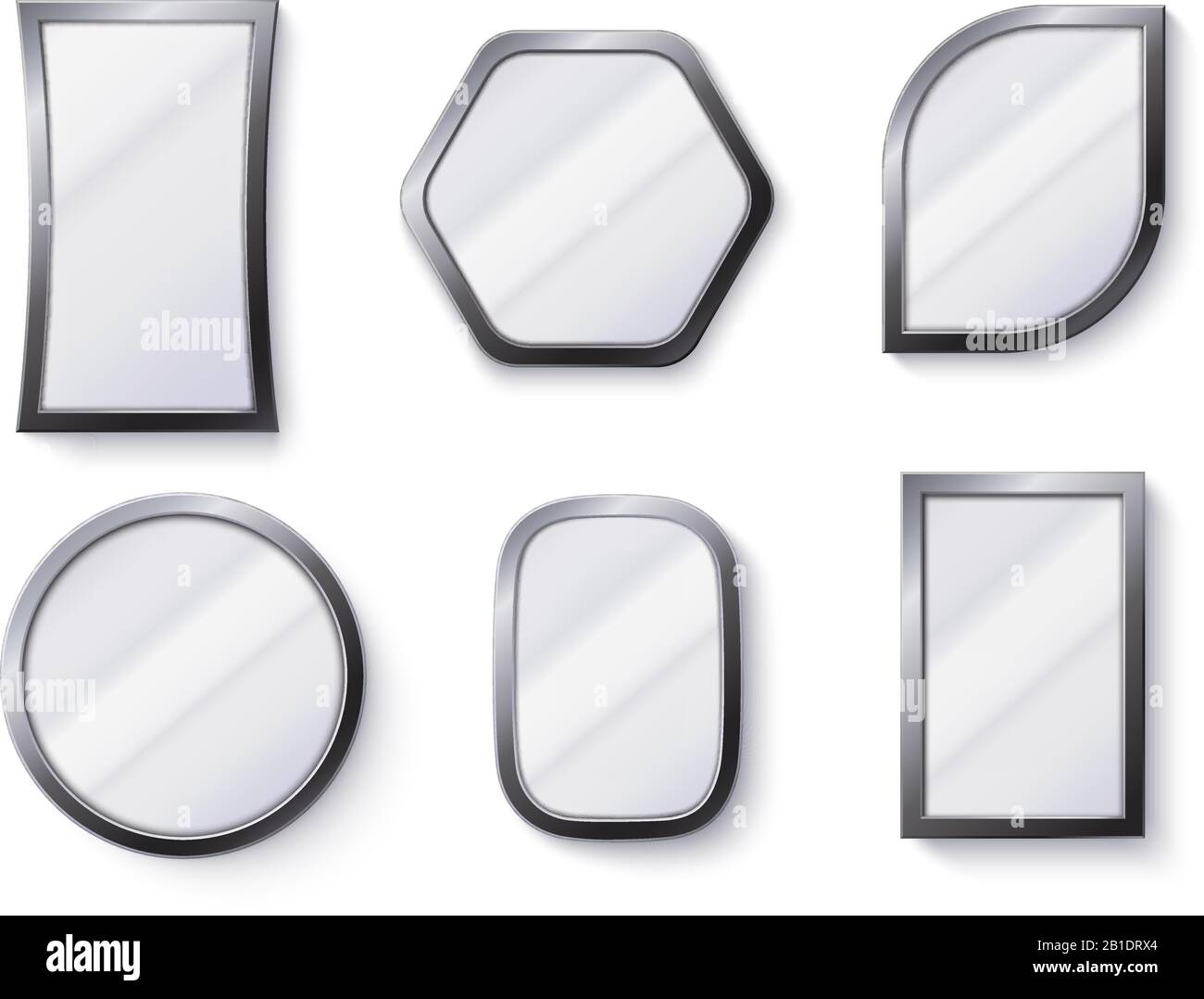 Realistic mirrors. Reflective mirror surface in frame, mirroring glass and round mirror 3D isolated vector illustration Stock Vector