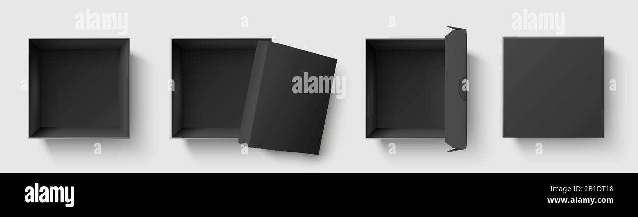 Black top view box. Dark package square boxes with open cap, empty cube packages mockup 3d isolated template vector illustration set Stock Vector