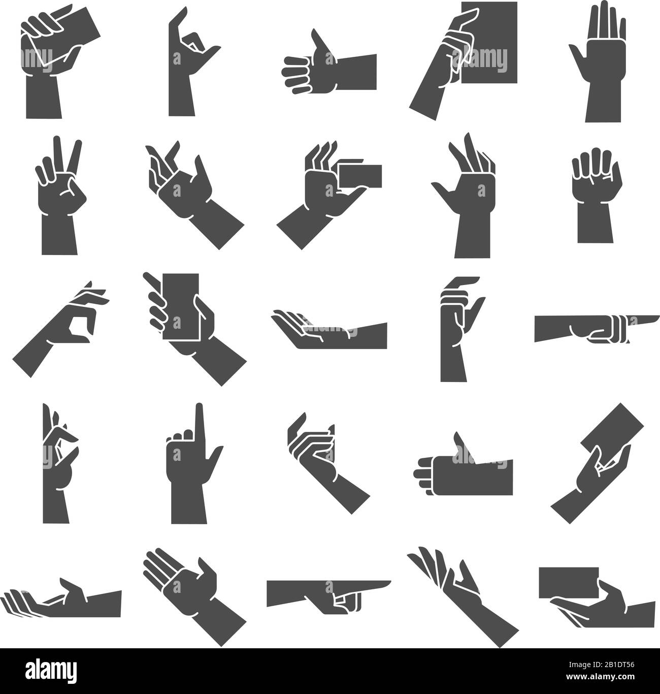 Hand gesture silhouette. Pointing hand gesture, giving handful and hold in hand vector icon illustration set Stock Vector