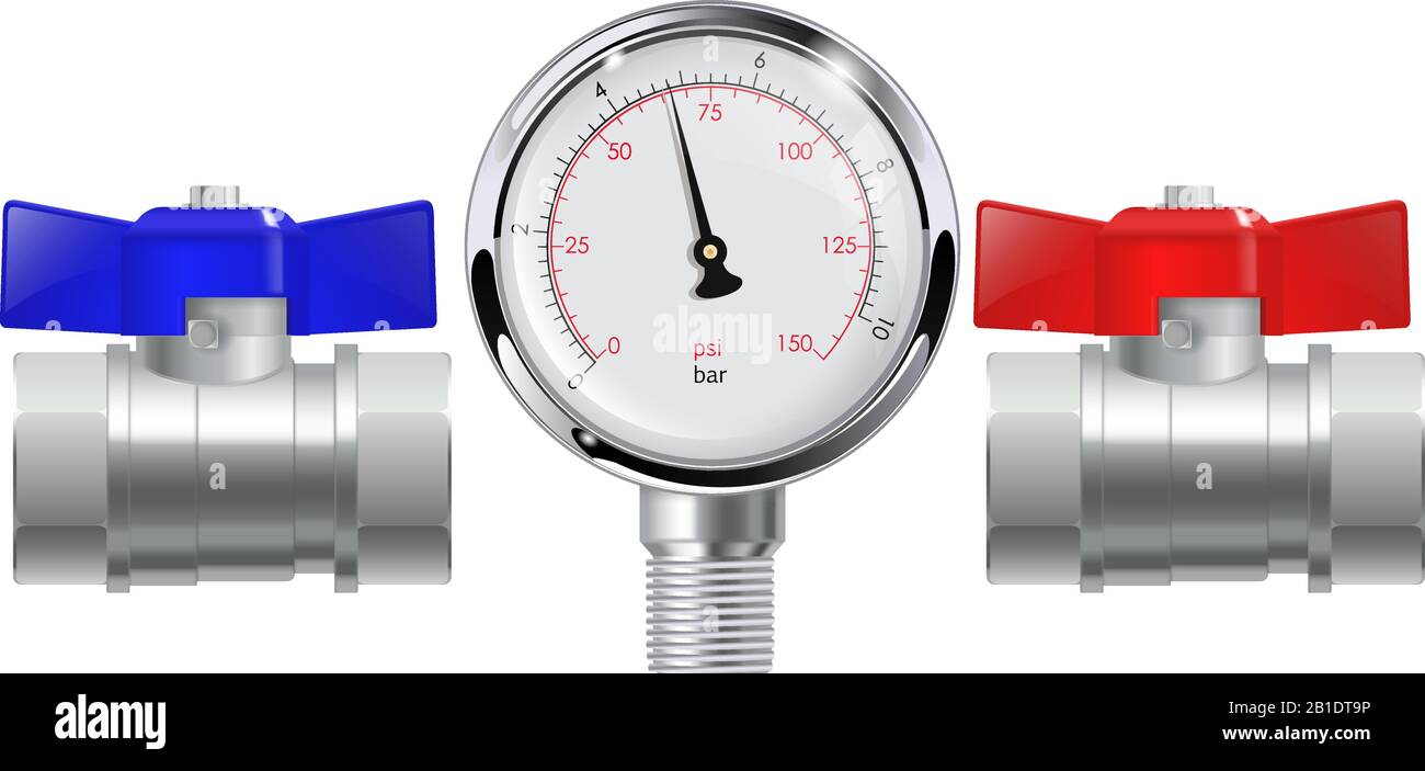 Metal chrome pipe connectors. Water taps with manometer Stock Vector