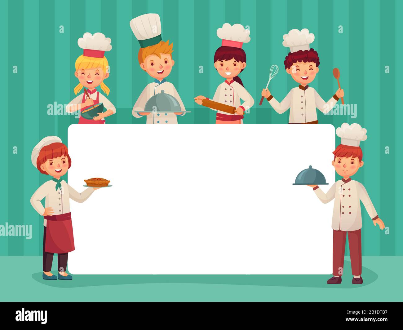Kids chefs frame. Children cooks, little chef cooking food and restaurant kitchen students cartoon vector illustration Stock Vector