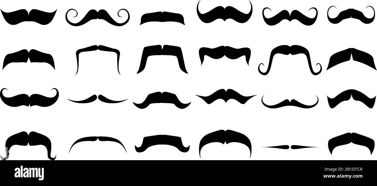 Moustache silhouette. Vintage mustache, funny fake mustaches mask and retro curly moustaches isolated vector set Stock Vector