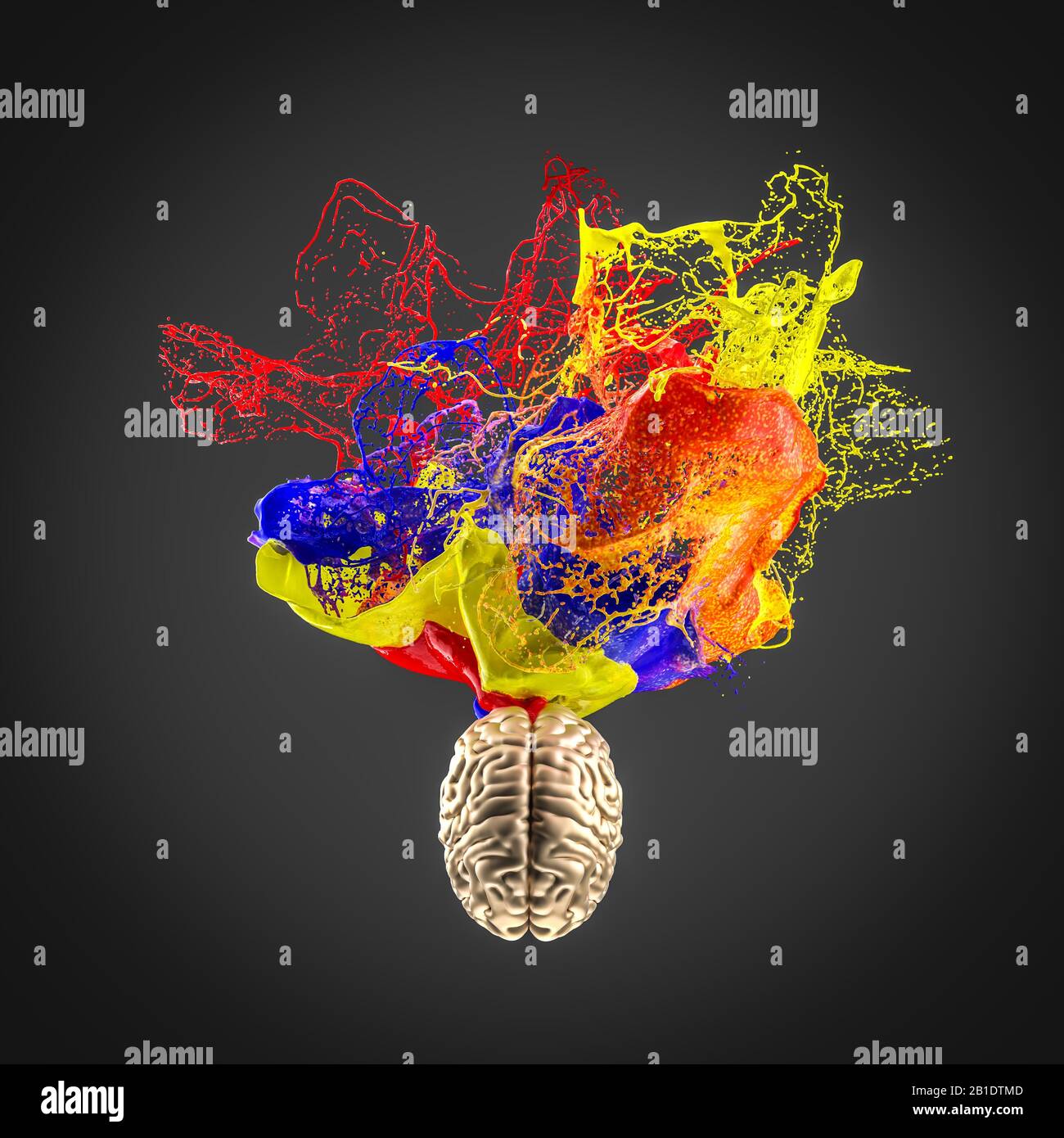 3d image of a gold colored human brain and an explosion of color. concept of creativity and artistic sense. Nobody around. Stock Photo