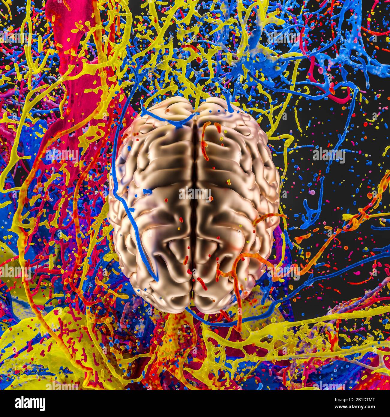 3d image of a gold colored human brain and an explosion of color. concept of creativity and artistic sense. Nobody around. Stock Photo