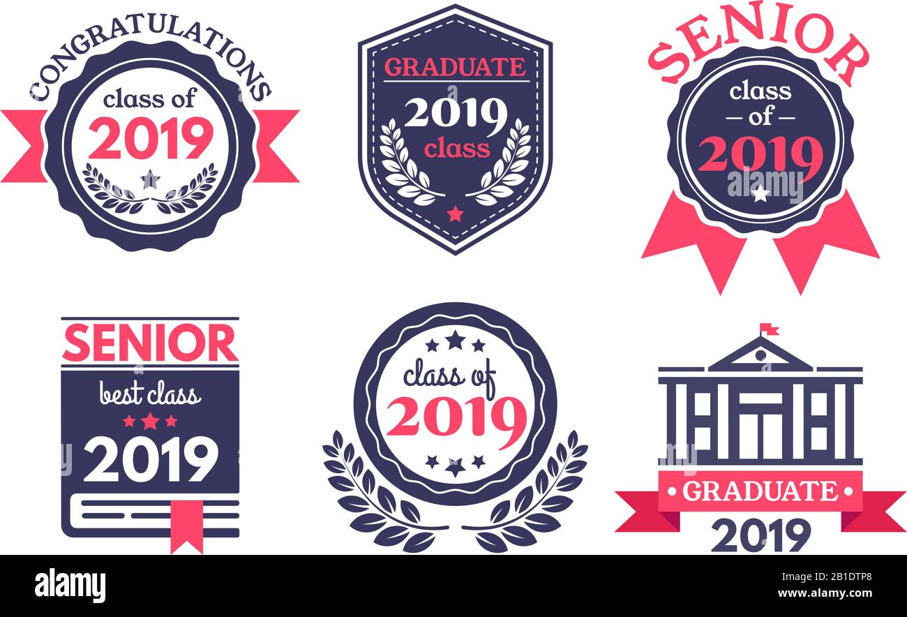 Graduate senior school badge. Graduation day emblem, graduates congratulations badges and education emblems vector illustration set Stock Vector