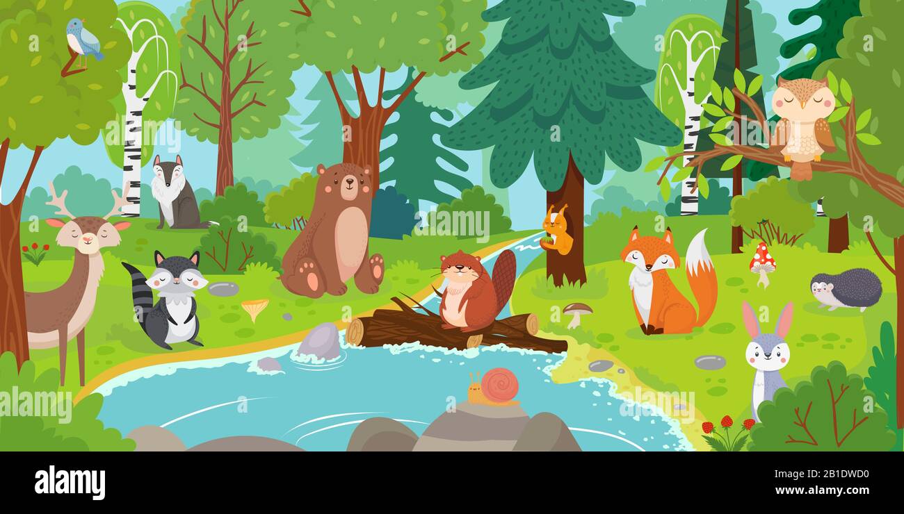 Cartoon forest animals. Wild bear, funny squirrel and cute birds on