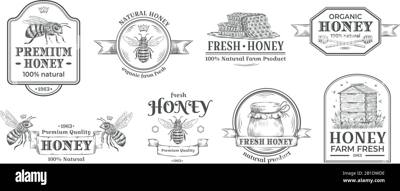 Honey farm badge. Beekeeping logo, retro bee badges and vintage hand drawn mead label vector illustration set Stock Vector