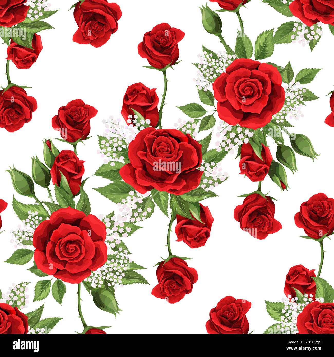 Red rose flowers and green leaves elements vector seamless pattern ...