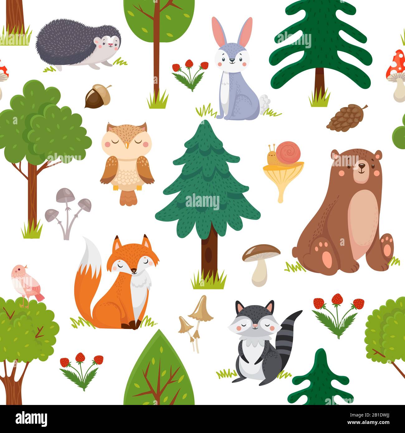 Seamless woodland animals pattern. Summer forest cute wildlife animal and forests floral cartoon vector background Stock Vector