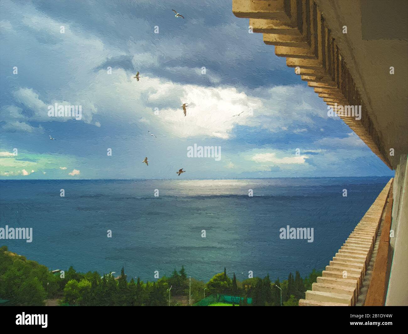 Seaview with gulfs while sunset from hotel Yalta, Crimea, Black Sea. Color photo with oil painted plugin. Stock Photo