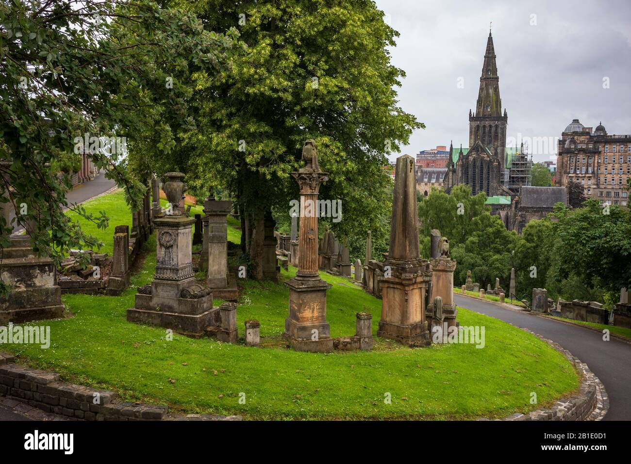 Glasgow, Scotland/UK - June 29, 2019: The Glasgow Necropolis, a Victorian cemetery, is located on a low, but very prominent hill to the east of Glasgo Stock Photo