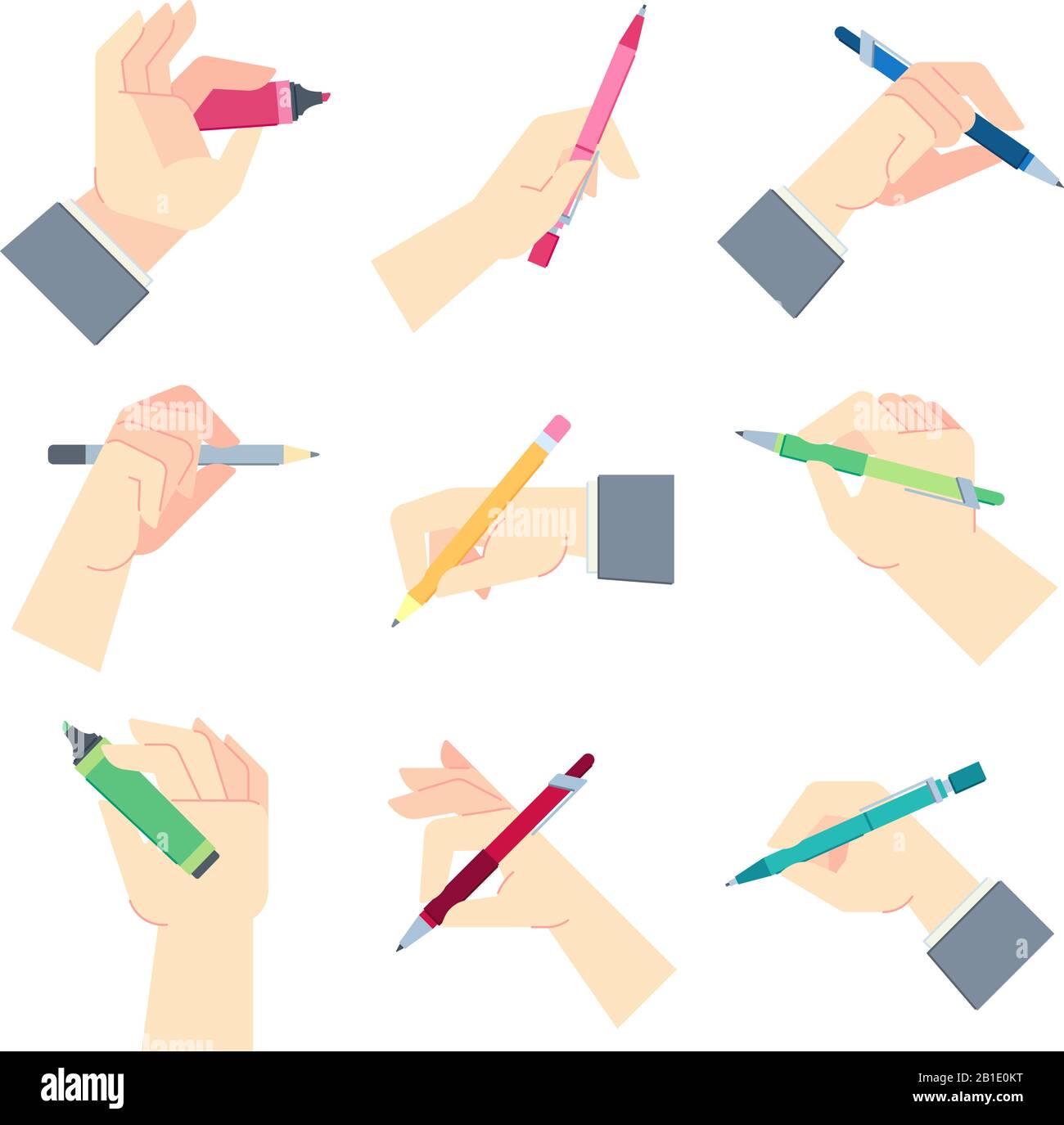 Writing accessories in hands. Pen in businessman hand, write on paper sheet or notepad and hands gestures vector illustration set Stock Vector