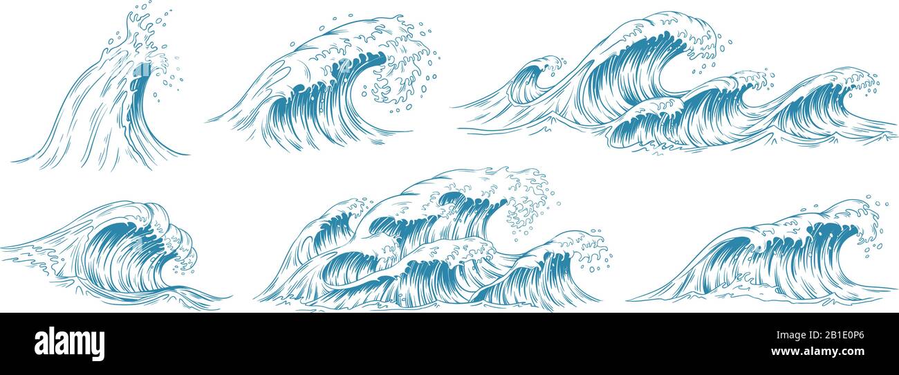 Sea waves sketch. Storm wave, vintage tide and ocean beach storms hand drawn vector illustration set Stock Vector