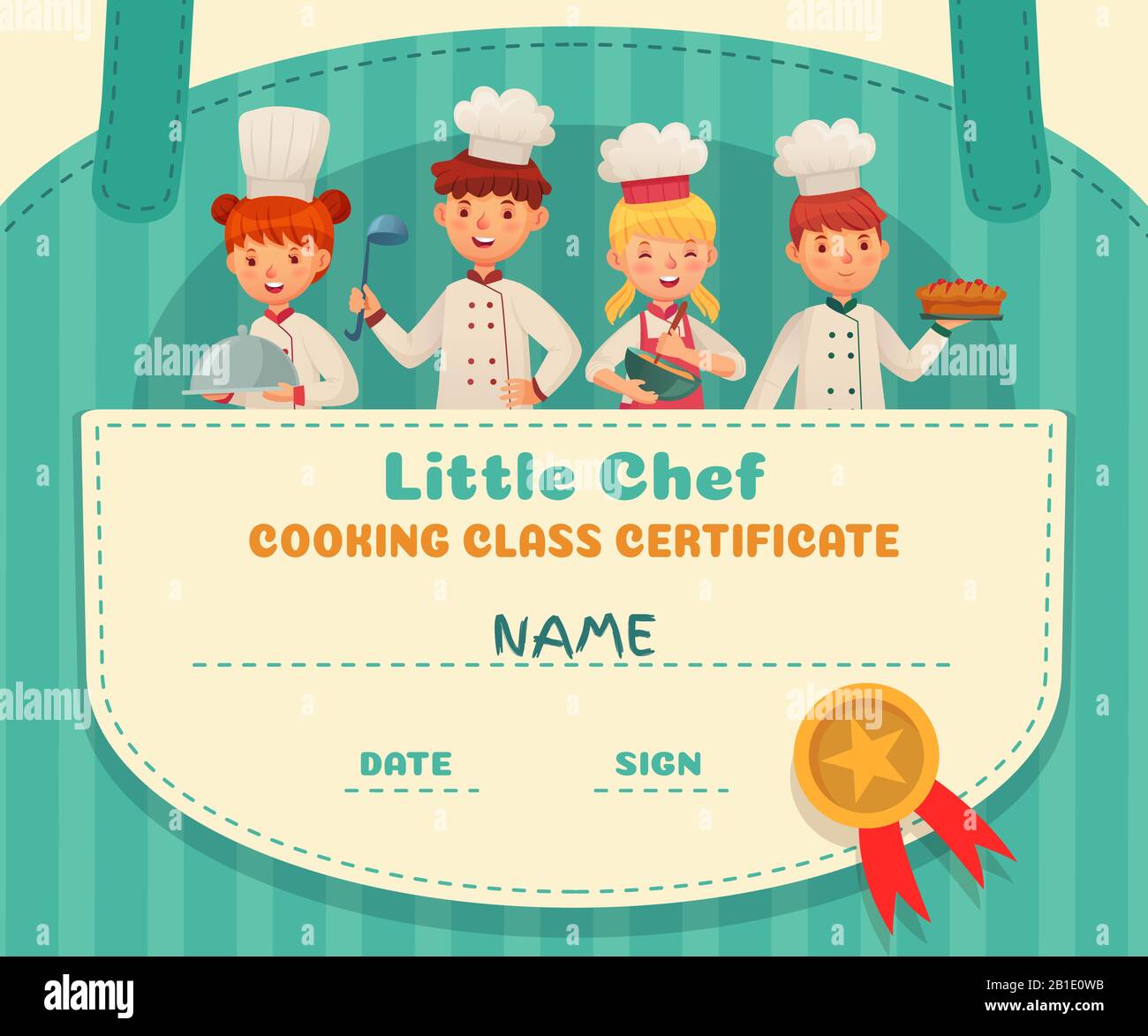 Little chef certificate. Cooking class chefs diploma, cooking food school lesson and kids cooks frame cartoon vector illustration Stock Vector