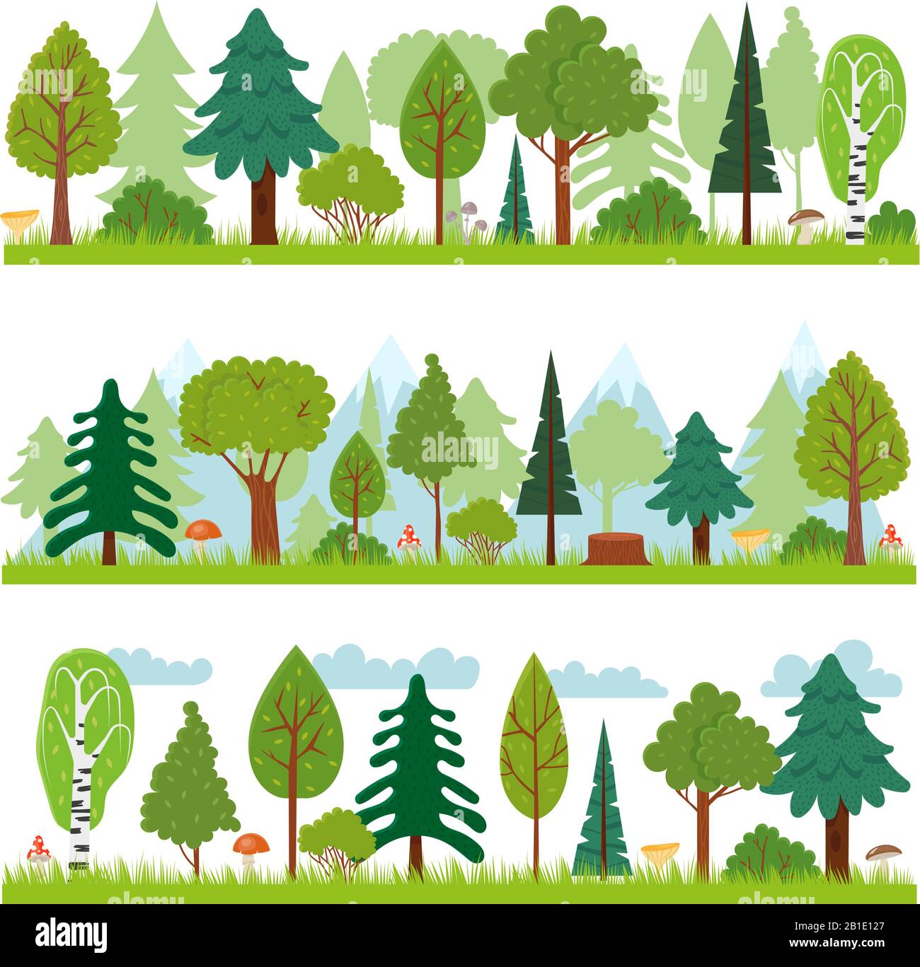 Forest landscapes. Woodland nature trees panorama, forests environment and pine tree vector illustration Stock Vector