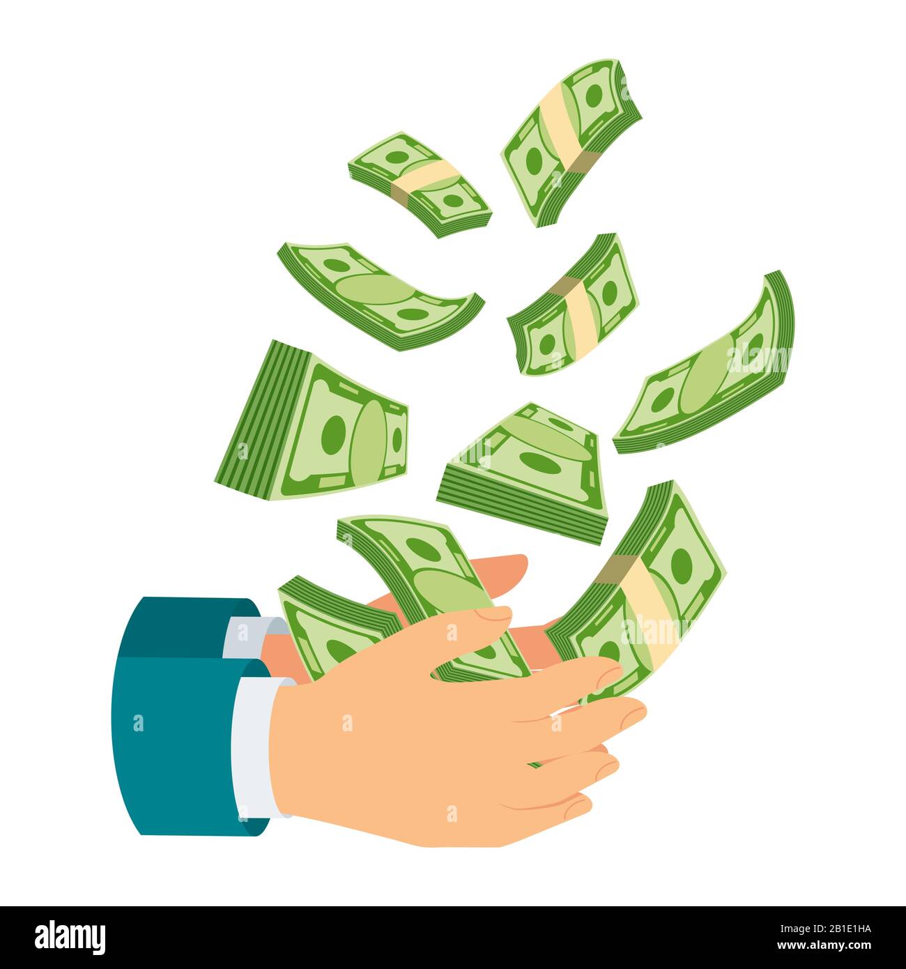 Hand holding money. Coins and banknotes falling from the sky. Stock Vector