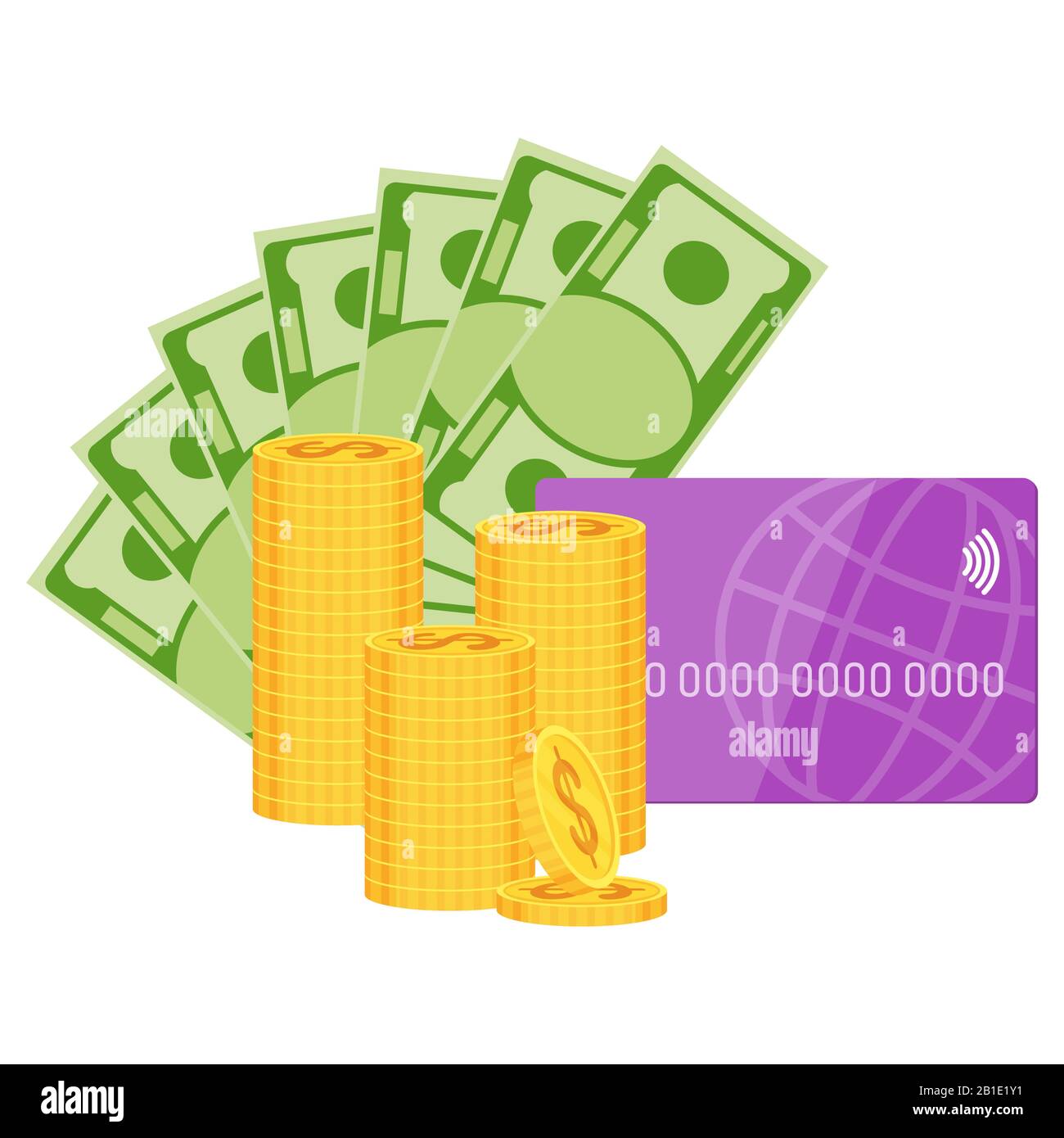 Different types of money. Metallic gold coins, paper banknotes Stock Vector