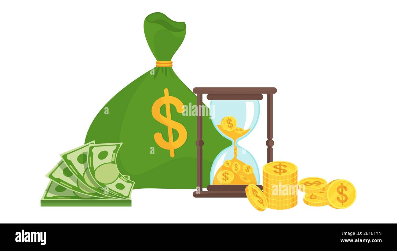 Bag of money and hourglass. Business metaphor. Time is money concept