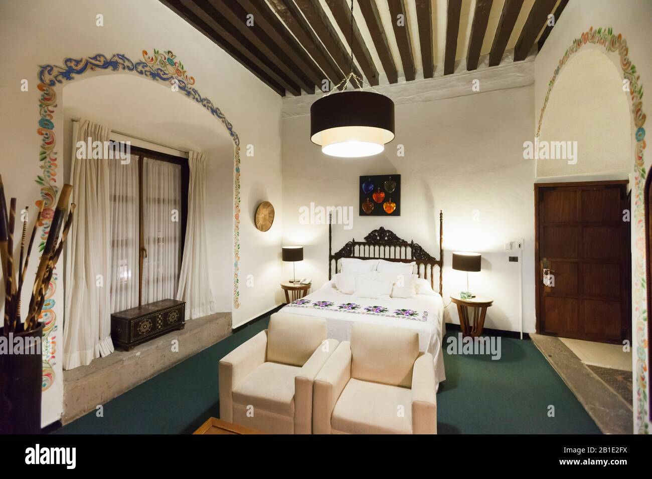 Interior of guest room, Hotel de la Soledad, Downtown of Morelia, Historic Centre of Morelia, state of Michoacan, Mexico, Central America Stock Photo