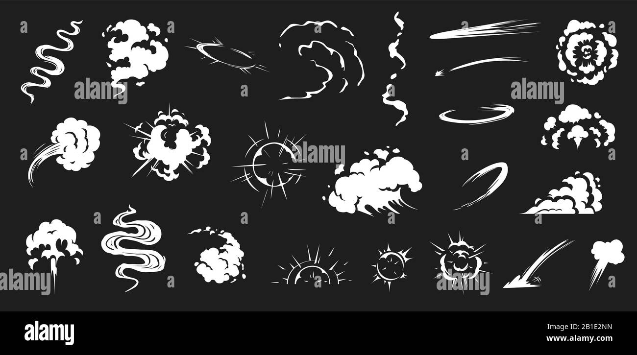 Comic smoke. Smoke puffs vfx, energy explosion effect and cartoon blast vector illustration set Stock Vector