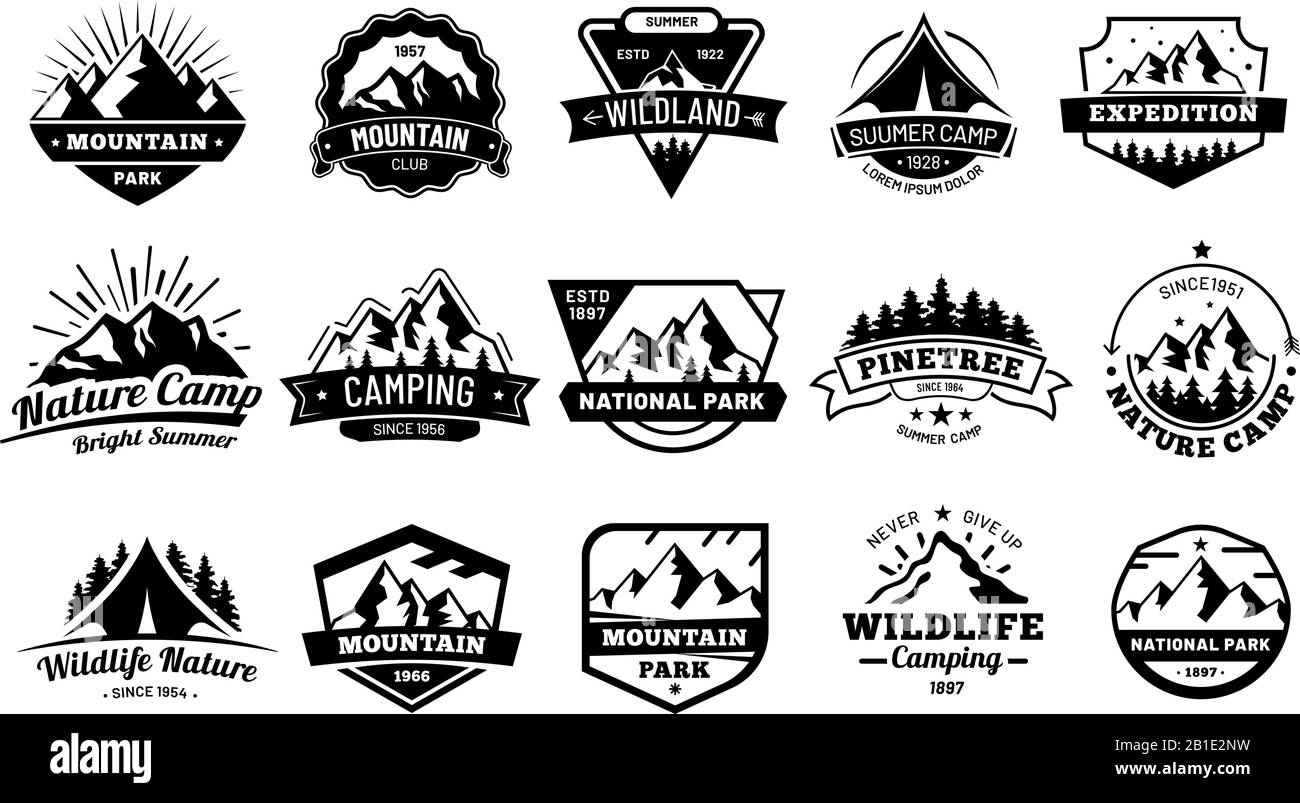 Outdoors nature badges. Adventure emblem, vintage wilderness label and outdooring camping badge vector illustration set Stock Vector
