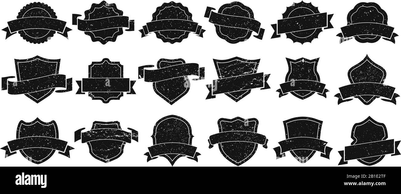 Vintage badge frames. Grunge badges, retro logo emblem frame and old label emblem silhouette isolated vector illustration set Stock Vector