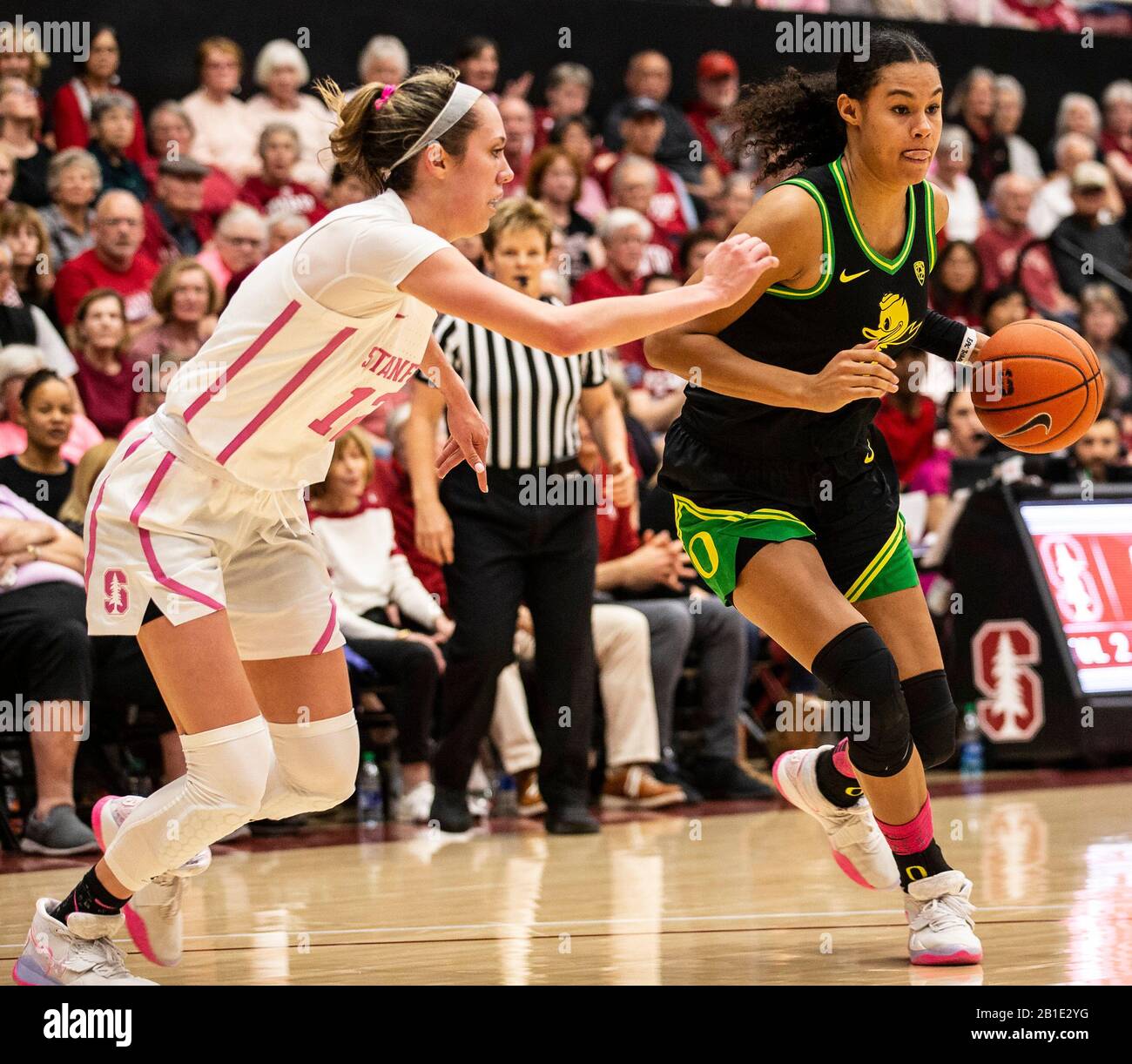 Stanford, CA, USA. 24th Feb, 2020. A. Oregon Ducks forward Satou Sabally (0) drives to the hoop during the NCAA Women's Basketball game between Oregon Ducks and the Stanford Cardinal 74-66 win at Maples Pavilion Stanford, CA. Thurman James /CSM/Alamy Live News Stock Photo