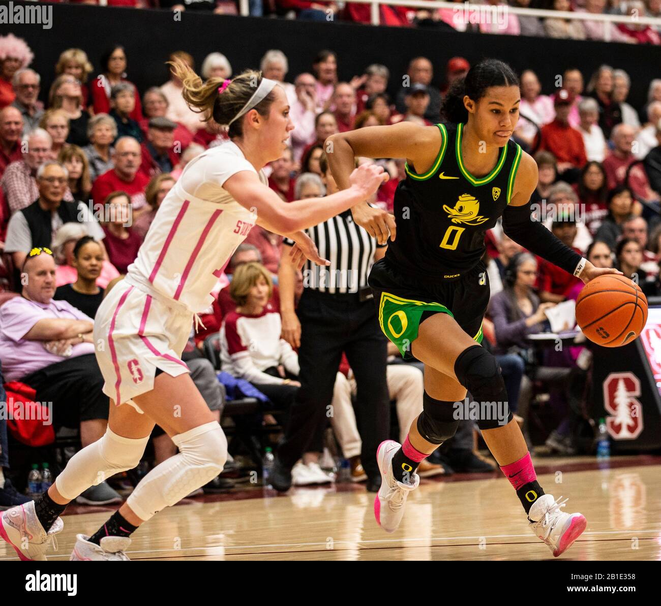 Stanford, CA, USA. 24th Feb, 2020. A. Oregon Ducks forward Satou Sabally (0) drives to the hoop during the NCAA Women's Basketball game between Oregon Ducks and the Stanford Cardinal 74-66 win at Maples Pavilion Stanford, CA. Thurman James /CSM/Alamy Live News Stock Photo