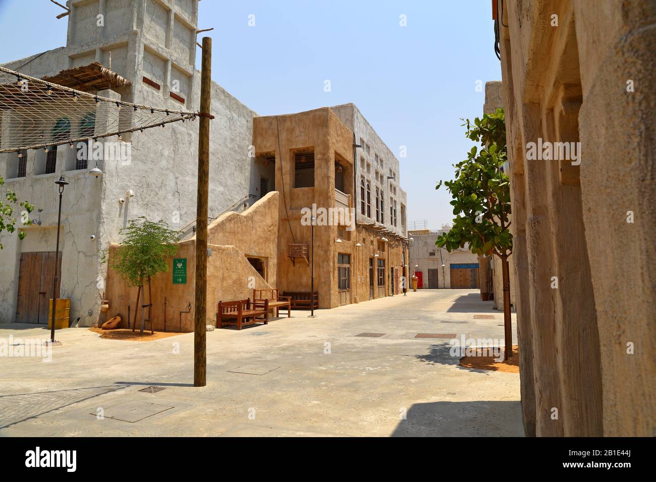 Old Dubai of buildings and traditional Arabian streets. Historical Al Fahidi neighborhood, Al Bastakiya in Dubai. Stock Photo