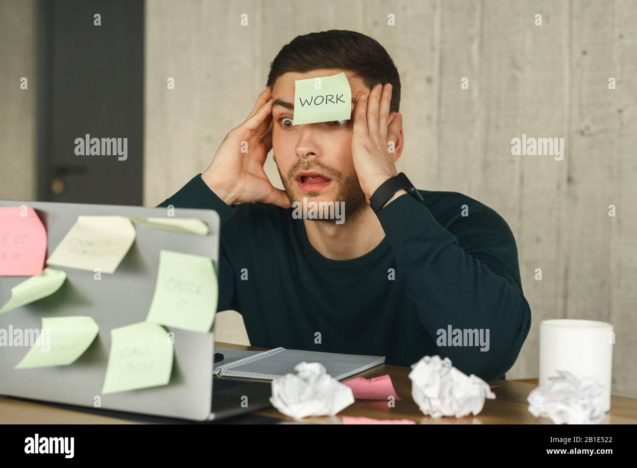 Shocked Manager Having Sticky Notes Everywhere Sitting Indoor Stock