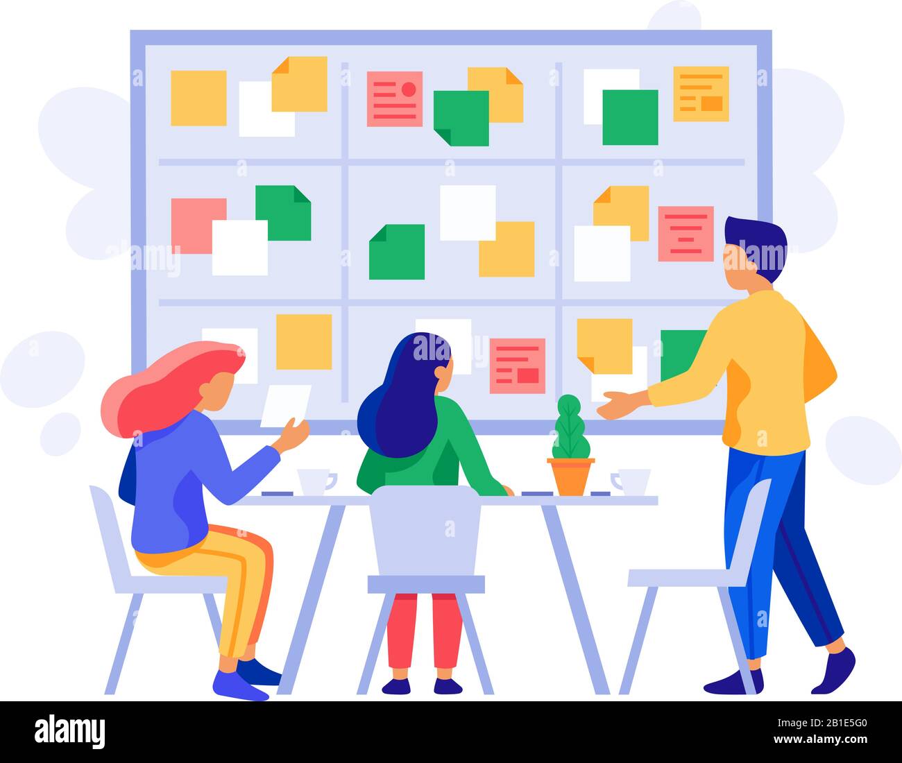 Kanban board teamwork. Briefing scheme, scrum management and business employee team planning brainstorm vector illustration Stock Vector