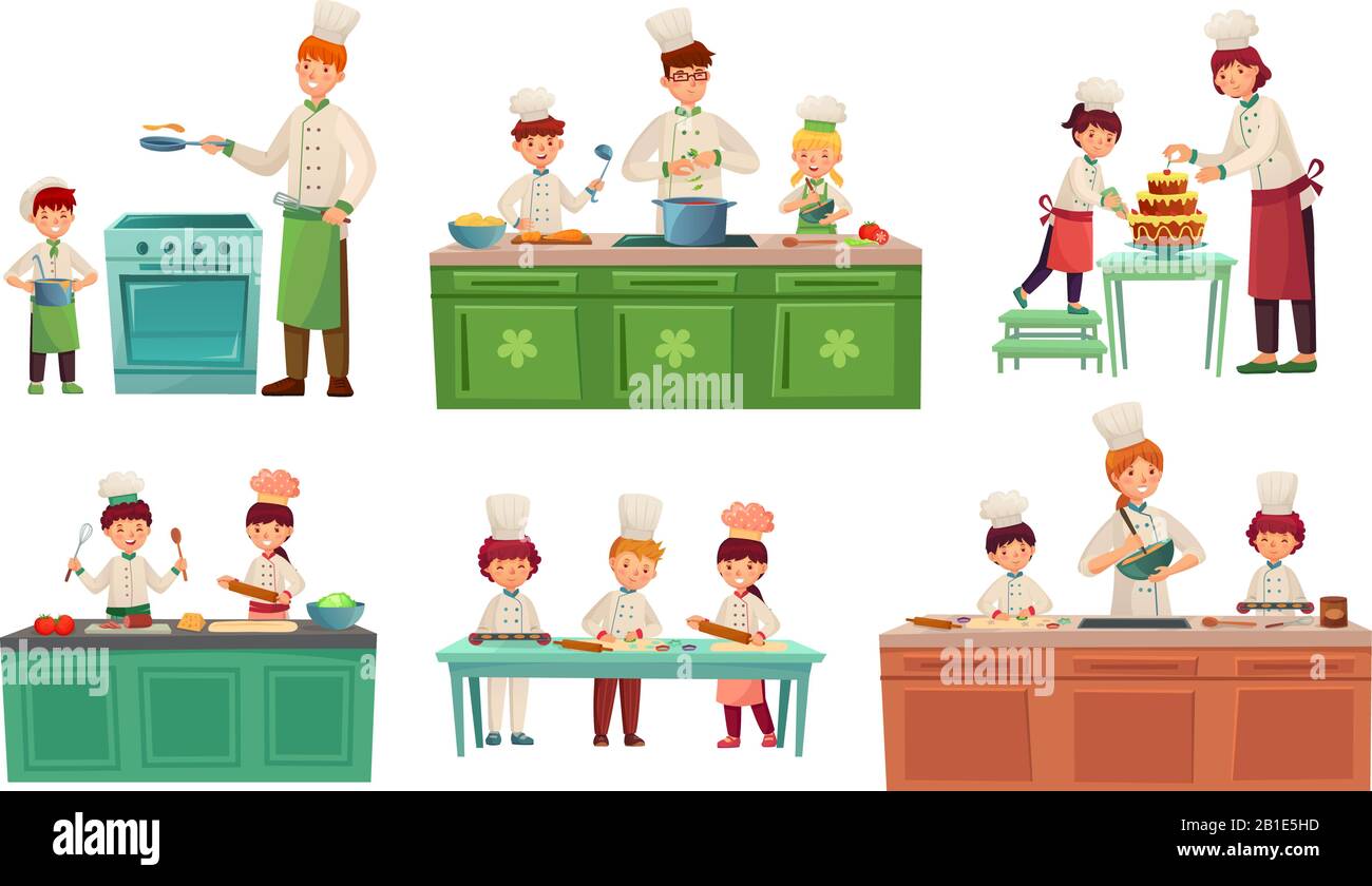 Cooks childrens. Kids baking or cooking food, chief children classes and cook with child vector illustration set Stock Vector