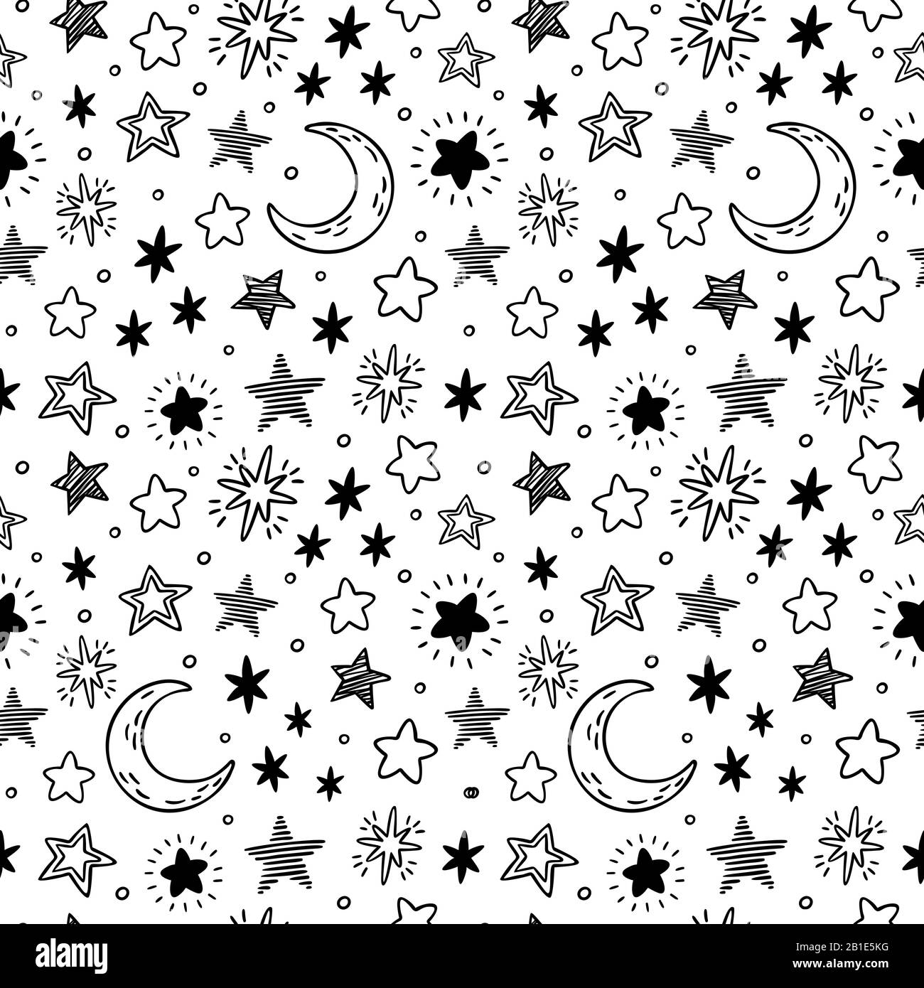 Seamless hand drawn stars. Starry sky sketch, doodle star and night vector pattern illustration Stock Vector