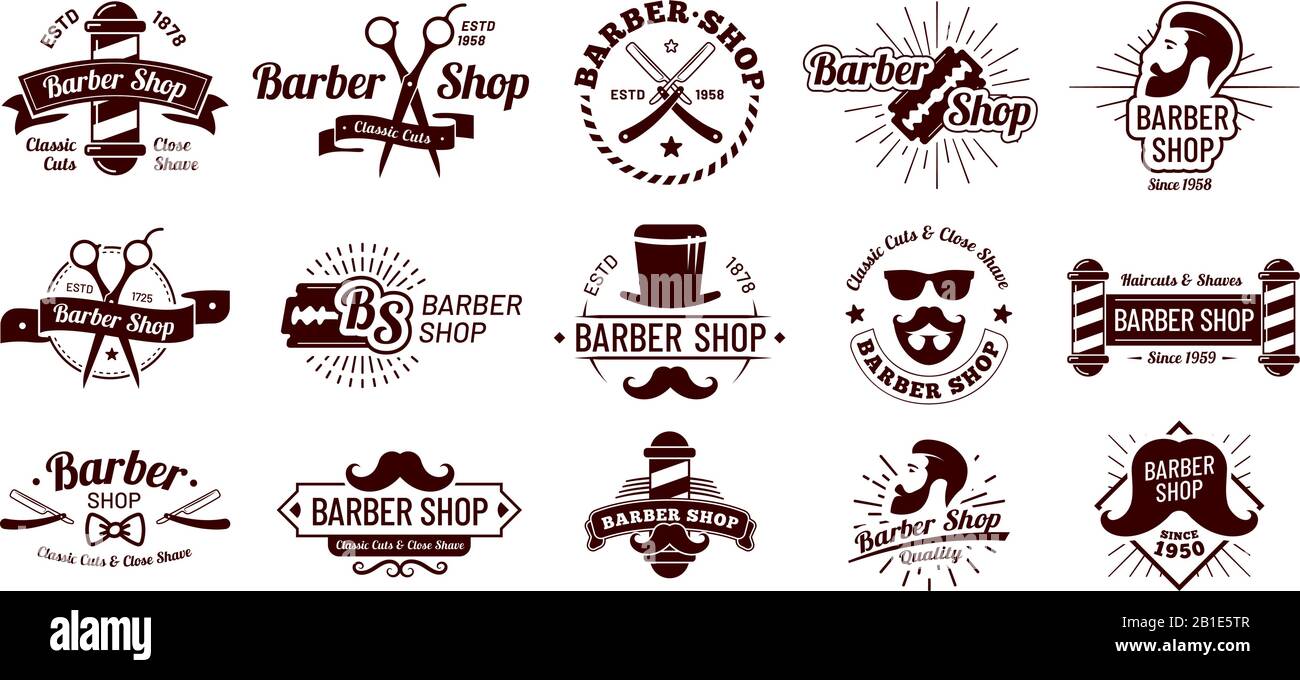 Vintage barber badges. Gentleman haircut styling, barbershop razor and shave salon. Mans hair haircuts badge vector illustration set Stock Vector