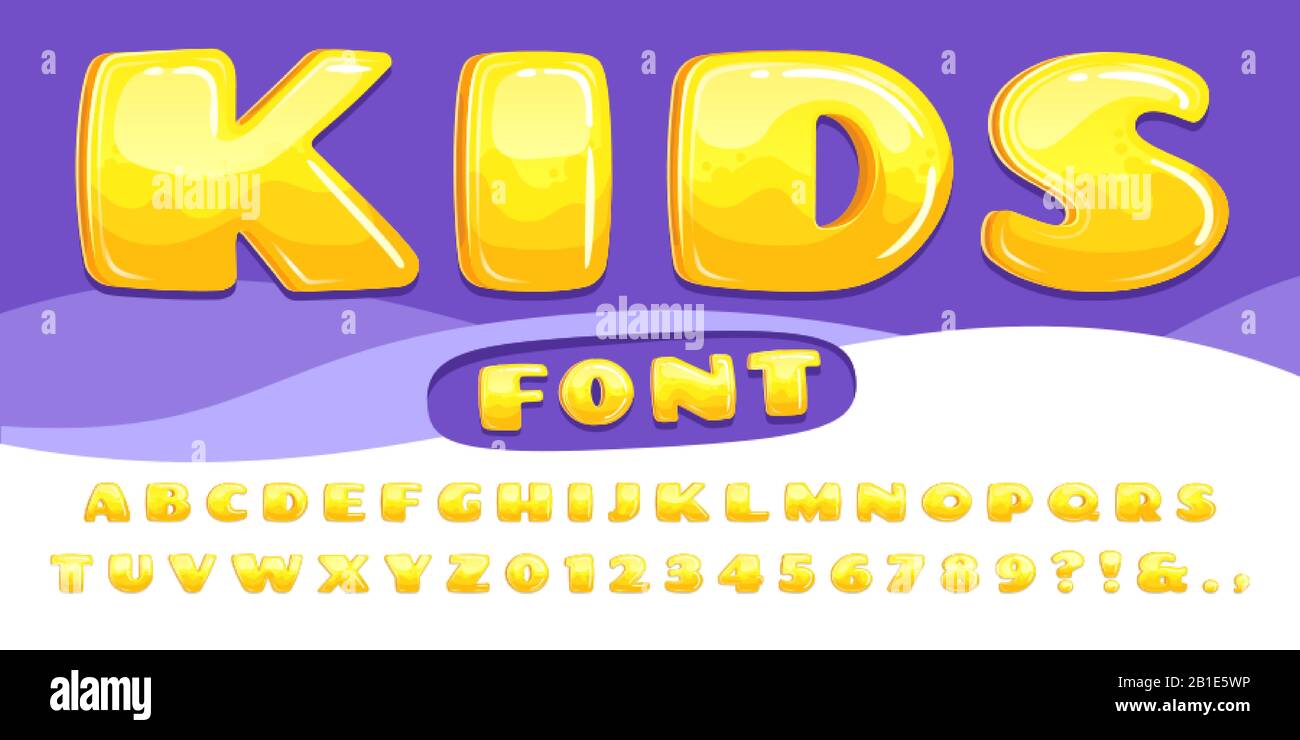 Cartoon chubby font. Kids game alphabet, child cartoons bubble lettering and cartoony fonts numbers vector illustration set Stock Vector