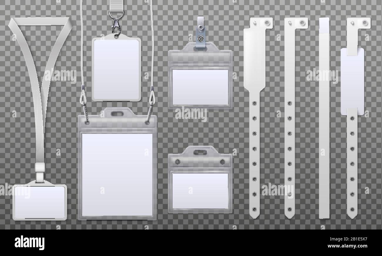 Identification card badge. Identity name tag cards on ribbon lanyard