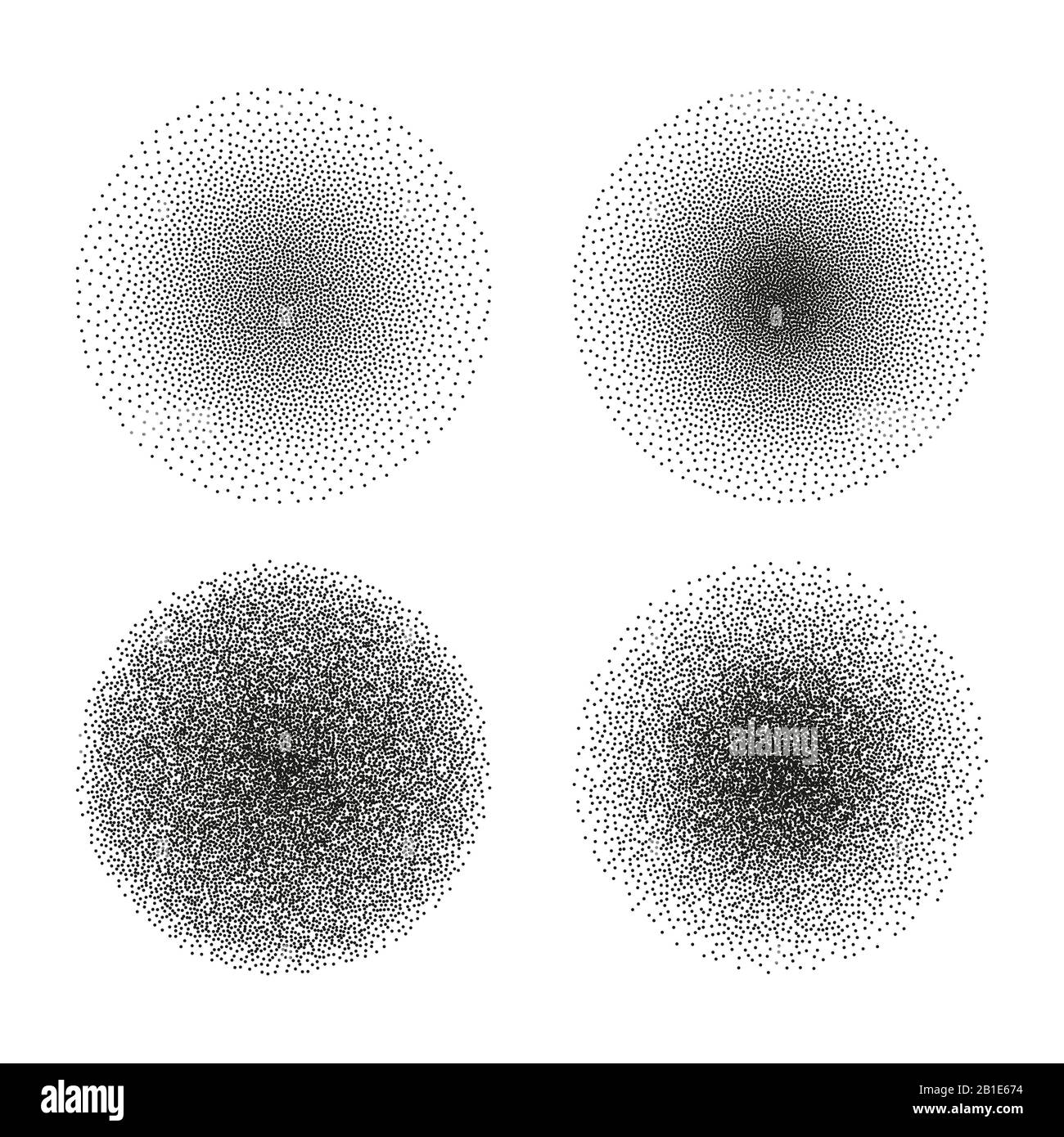 Vector set of stipple circle textures. Dotted gradient halftone ink spray effect Stock Vector
