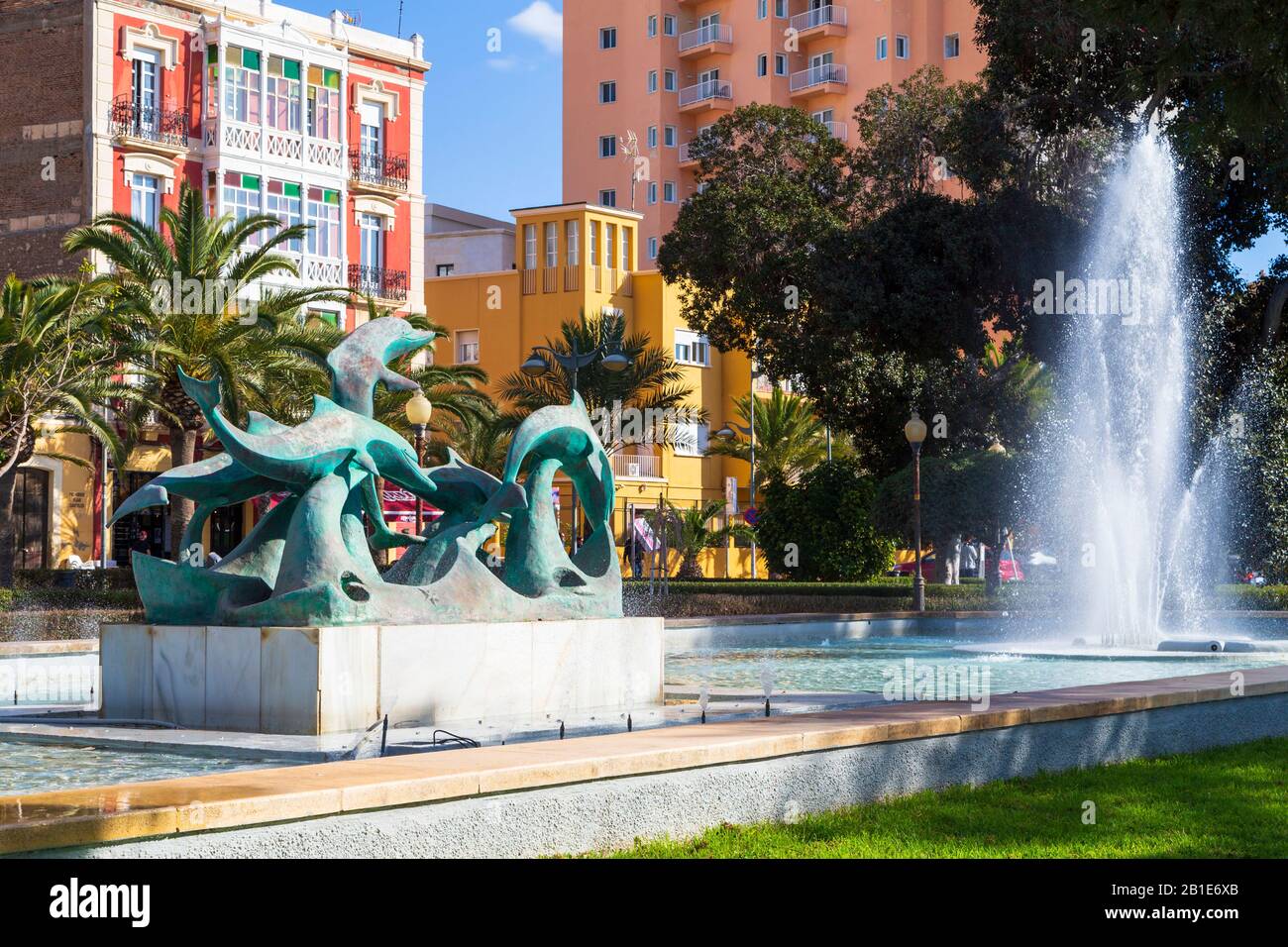 Water fountain, Fuente de los delfines, Parque de Nicolás Salmerón, Almeria, Spain Stock Photo