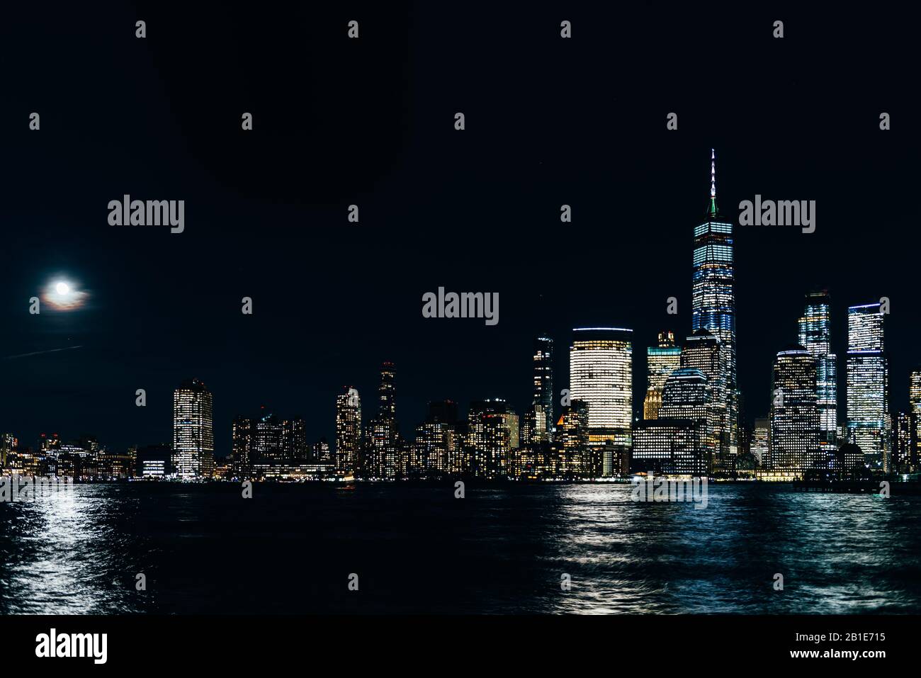 Amazing Panorama View On New York City Skyline And Downtown Manhattan From Jersey City During Night And Full Moon Stock Photo Alamy
