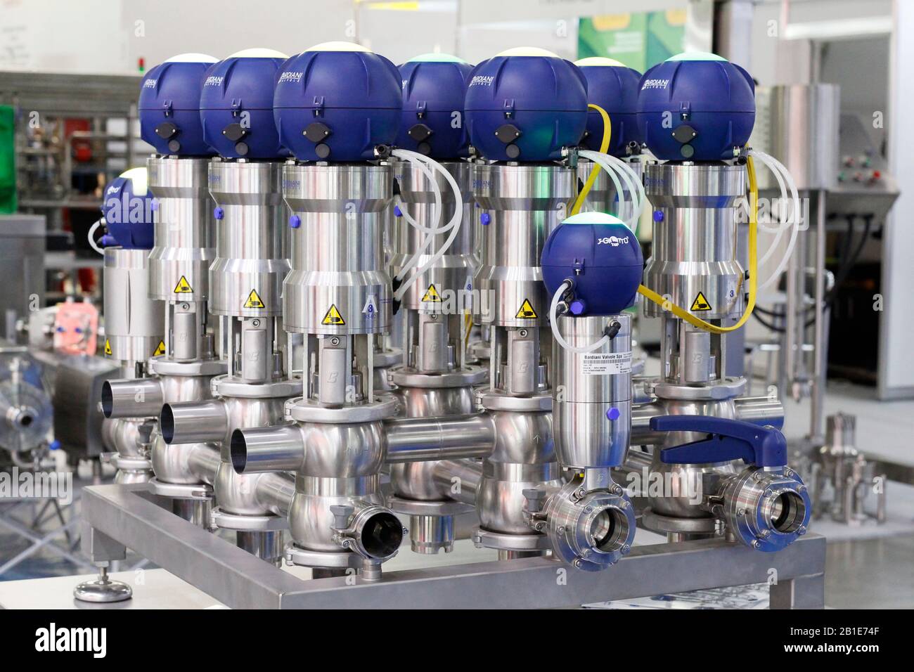 Moscow, RF, 02.20.2020: Valves for use in the food, dairy, chemical, pharmaceutical industries. Valves for the food industry Two-seat valve aseptic di Stock Photo