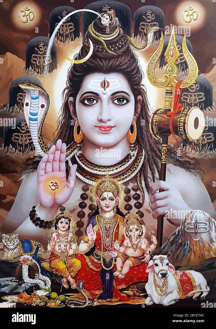 god Shiva snake and lady Durga tiger holy hinduism illustration ...