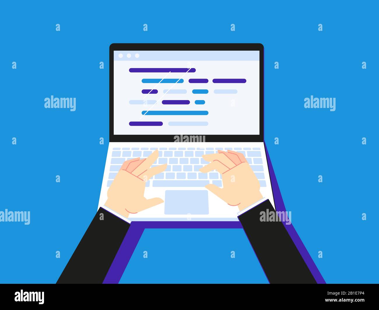 Typing code on laptop. Businessman using notebook creen desktop or secretary hand type flat vector illustration Stock Vector