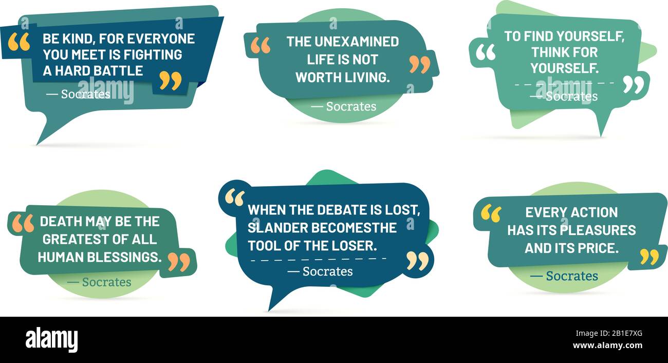 Quote in quotes frames. Socrates quotes, speech stickers and comment box badge vector set Stock Vector