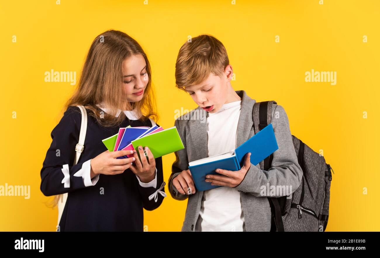 Talent development. International students exchange. School knowledge. Better together. Student ready for lessons. Regular school program. School education for advanced level. Classes for teens. Stock Photo