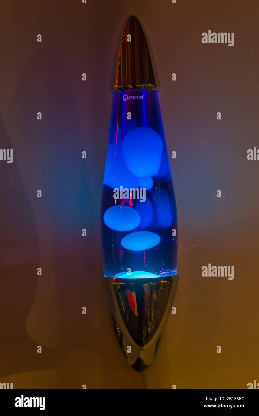 Blue Lava lamp, lavalamp, on display on wall in Poole Museum for Light Up  Poole, Poole, Dorset UK in February Stock Photo - Alamy