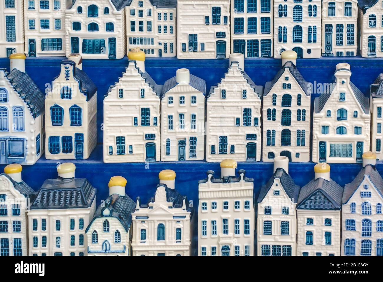 Rows of blue miniature porcelain Amsterdam canal houses Stock Photo