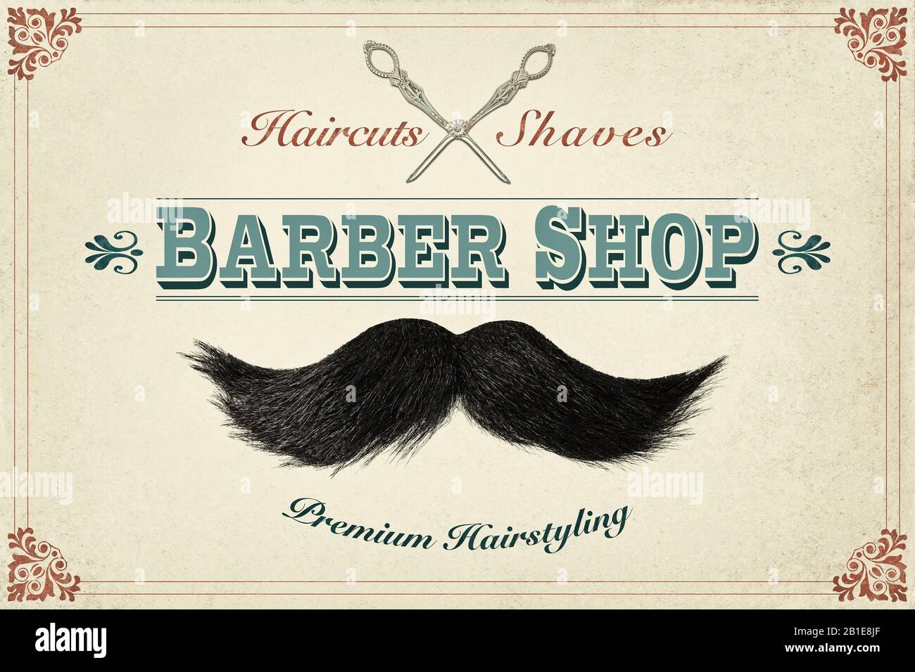 Retro styled design concept for a barber shop with photos of a mustache and silver scissors Stock Photo